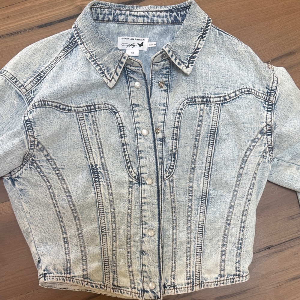 Good American Distressed Blue Denim Jacket - Picture 2 of 7